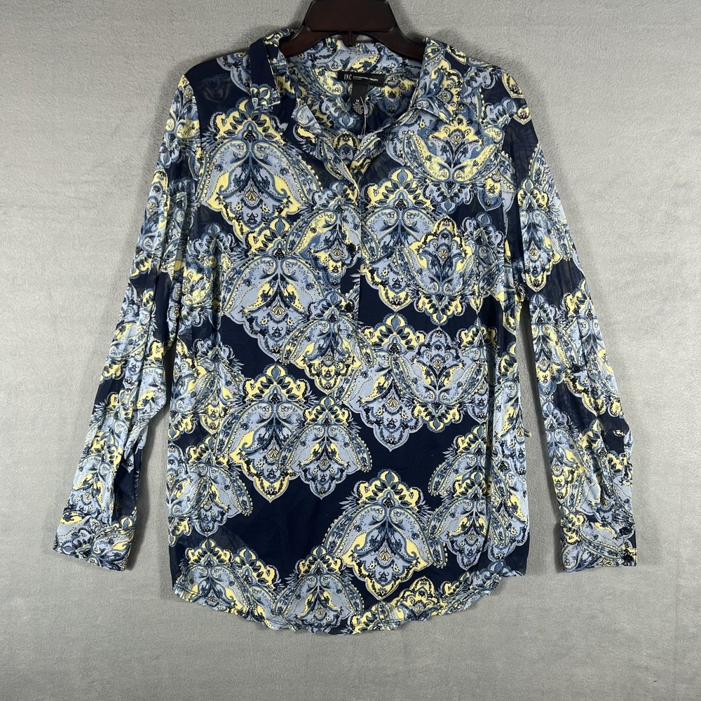 INC International Concepts Women's 1X Plus Sheer Paisley Button-Up Blouse Top